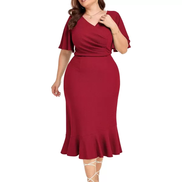 LALAGEN Plus Size Dress for Women Modest Short Sleeve Ruched Bodycon Mermaid Cocktail Midi Dresses 1X6XRed