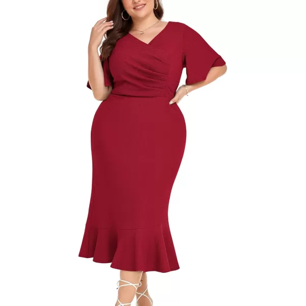 LALAGEN Plus Size Dress for Women Modest Short Sleeve Ruched Bodycon Mermaid Cocktail Midi Dresses 1X6XRed