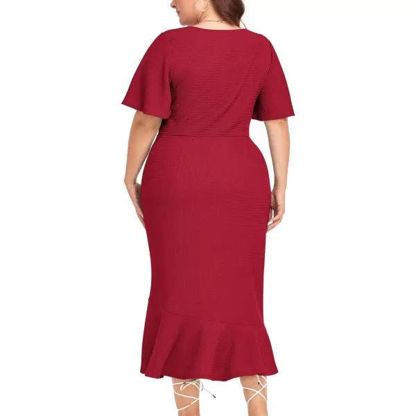 LALAGEN Plus Size Dress for Women Modest Short Sleeve Ruched Bodycon Mermaid Cocktail Midi Dresses 1X6XRed