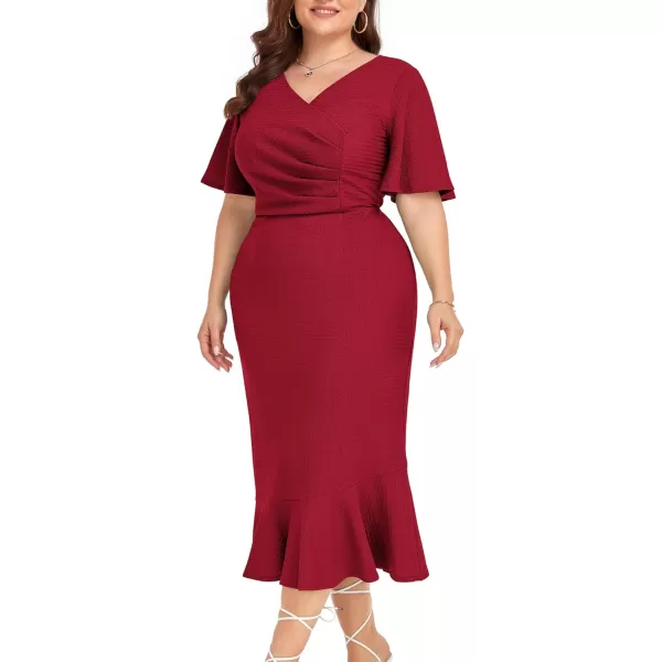 LALAGEN Plus Size Dress for Women Modest Short Sleeve Ruched Bodycon Mermaid Cocktail Midi Dresses 1X6XRed