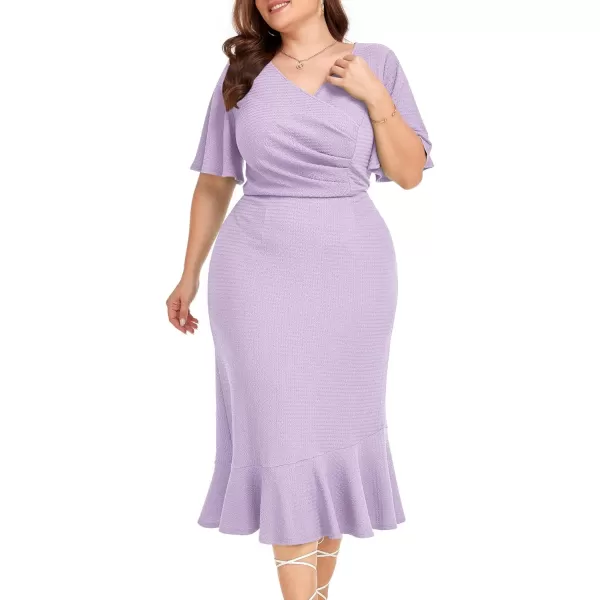 LALAGEN Plus Size Dress for Women Modest Short Sleeve Ruched Bodycon Mermaid Cocktail Midi Dresses 1X6XViolet