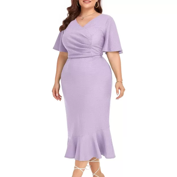 LALAGEN Plus Size Dress for Women Modest Short Sleeve Ruched Bodycon Mermaid Cocktail Midi Dresses 1X6XViolet