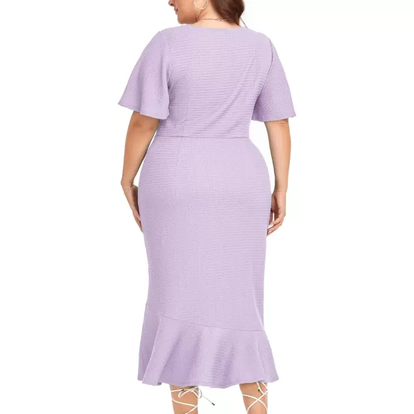 LALAGEN Plus Size Dress for Women Modest Short Sleeve Ruched Bodycon Mermaid Cocktail Midi Dresses 1X6XViolet