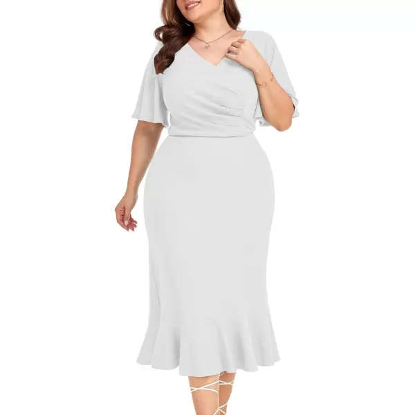 LALAGEN Plus Size Dress for Women Modest Short Sleeve Ruched Bodycon Mermaid Cocktail Midi Dresses 1X6XWhite