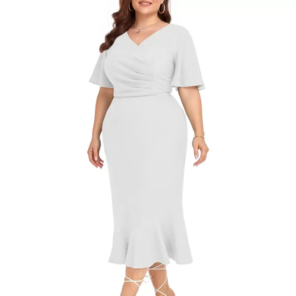 LALAGEN Plus Size Dress for Women Modest Short Sleeve Ruched Bodycon Mermaid Cocktail Midi Dresses 1X6XWhite