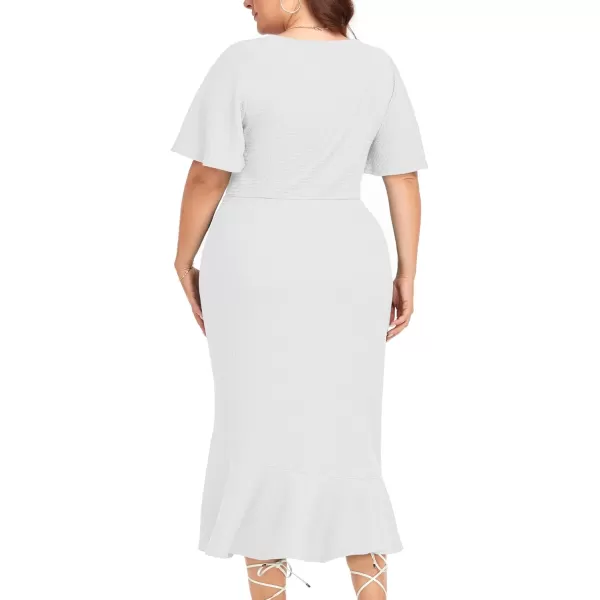 LALAGEN Plus Size Dress for Women Modest Short Sleeve Ruched Bodycon Mermaid Cocktail Midi Dresses 1X6XWhite