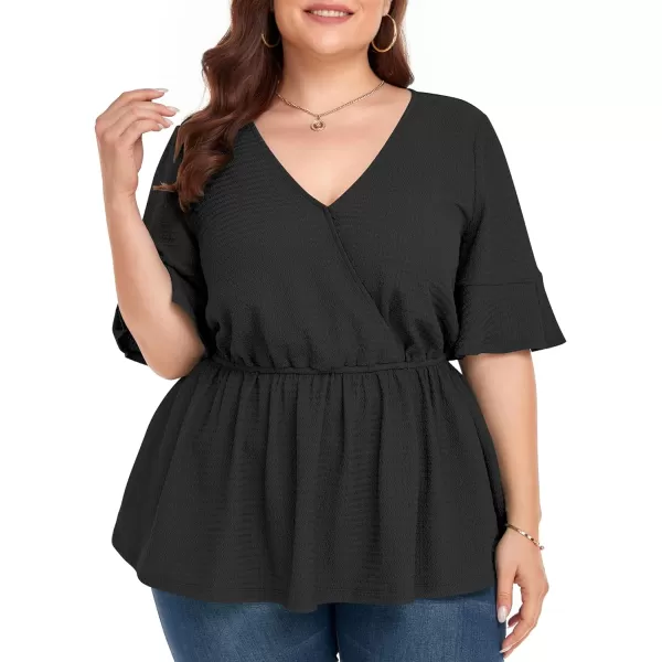 LALAGEN Plus Size Tops for Women Casual Peplum Blouse Short Sleeve V Neck Dressy Top 1X6XBlack