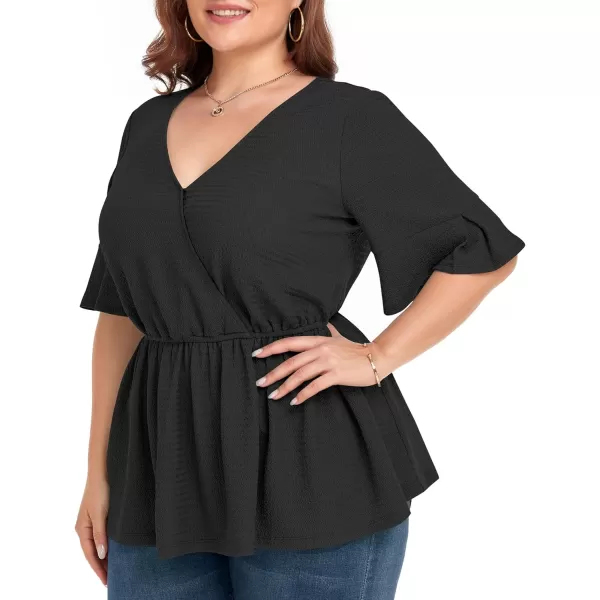 LALAGEN Plus Size Tops for Women Casual Peplum Blouse Short Sleeve V Neck Dressy Top 1X6XBlack