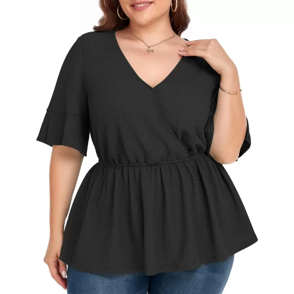 LALAGEN Plus Size Tops for Women Casual Peplum Blouse Short Sleeve V Neck Dressy Top 1X6XBlack