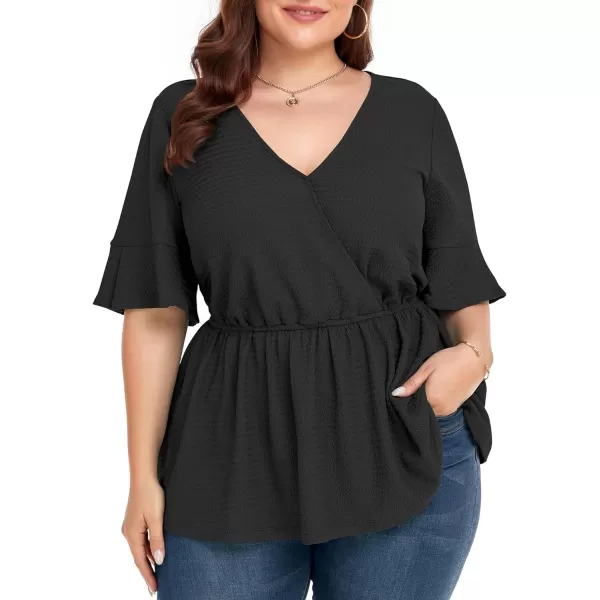 LALAGEN Plus Size Tops for Women Casual Peplum Blouse Short Sleeve V Neck Dressy Top 1X6XBlack