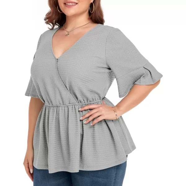 LALAGEN Plus Size Tops for Women Casual Peplum Blouse Short Sleeve V Neck Dressy Top 1X6XGrey