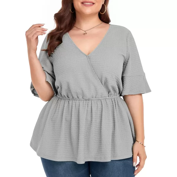 LALAGEN Plus Size Tops for Women Casual Peplum Blouse Short Sleeve V Neck Dressy Top 1X6XGrey