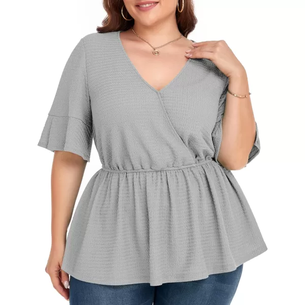 LALAGEN Plus Size Tops for Women Casual Peplum Blouse Short Sleeve V Neck Dressy Top 1X6XGrey