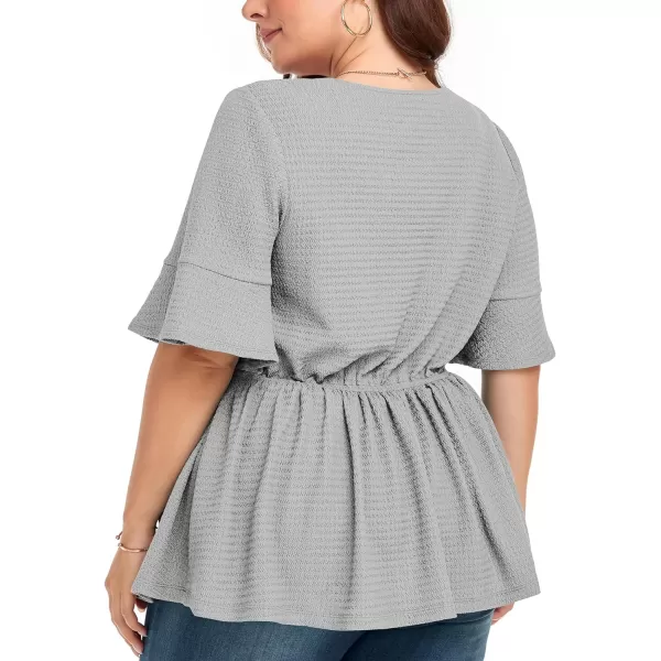 LALAGEN Plus Size Tops for Women Casual Peplum Blouse Short Sleeve V Neck Dressy Top 1X6XGrey