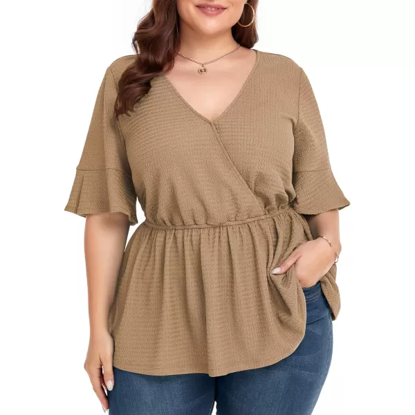 LALAGEN Plus Size Tops for Women Casual Peplum Blouse Short Sleeve V Neck Dressy Top 1X6XKhaki