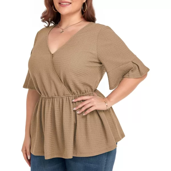 LALAGEN Plus Size Tops for Women Casual Peplum Blouse Short Sleeve V Neck Dressy Top 1X6XKhaki