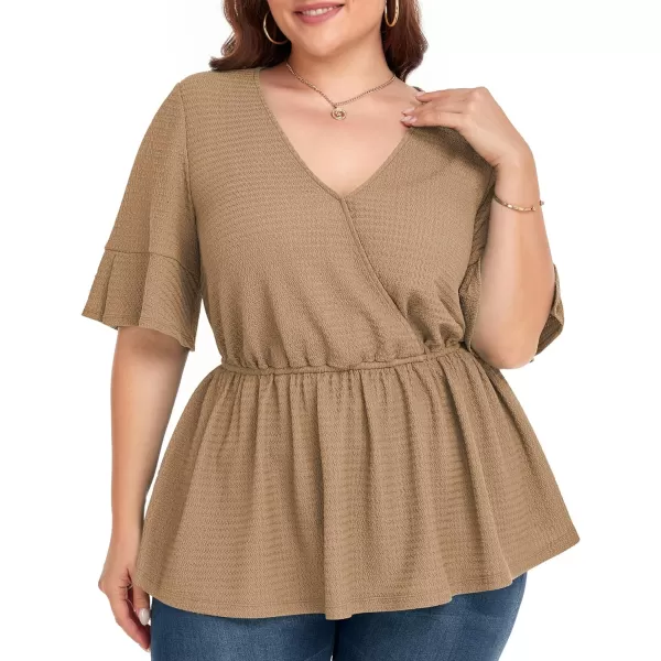 LALAGEN Plus Size Tops for Women Casual Peplum Blouse Short Sleeve V Neck Dressy Top 1X6XKhaki