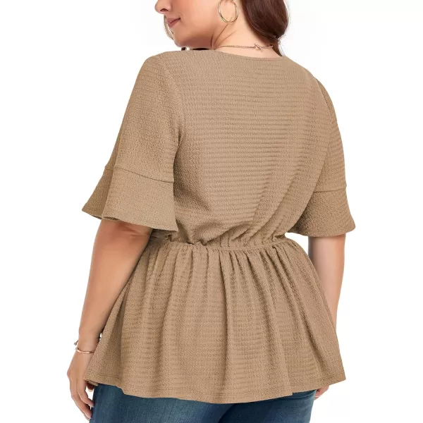 LALAGEN Plus Size Tops for Women Casual Peplum Blouse Short Sleeve V Neck Dressy Top 1X6XKhaki