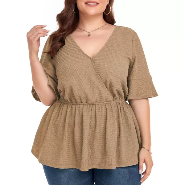 LALAGEN Plus Size Tops for Women Casual Peplum Blouse Short Sleeve V Neck Dressy Top 1X6XKhaki