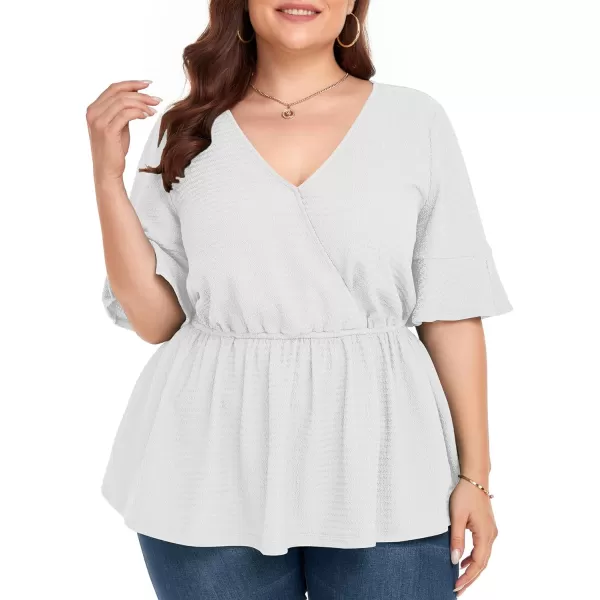 LALAGEN Plus Size Tops for Women Casual Peplum Blouse Short Sleeve V Neck Dressy Top 1X6XWhite