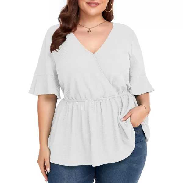 LALAGEN Plus Size Tops for Women Casual Peplum Blouse Short Sleeve V Neck Dressy Top 1X6XWhite