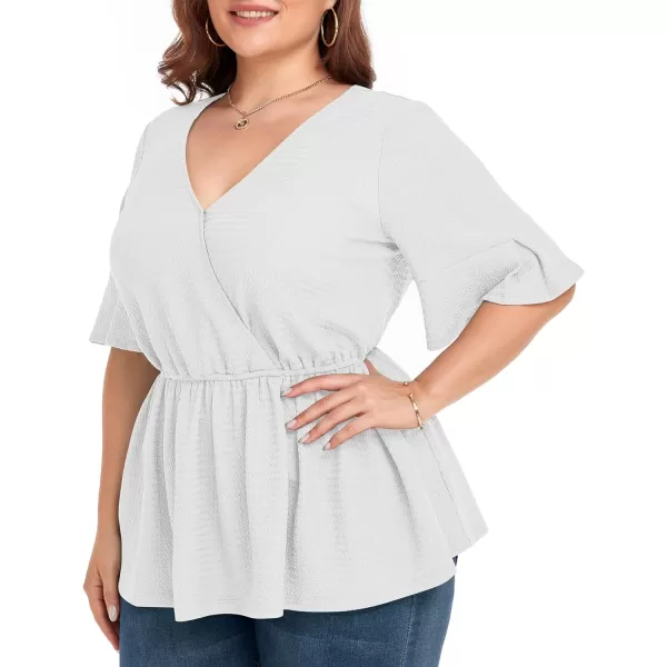 LALAGEN Plus Size Tops for Women Casual Peplum Blouse Short Sleeve V Neck Dressy Top 1X6XWhite