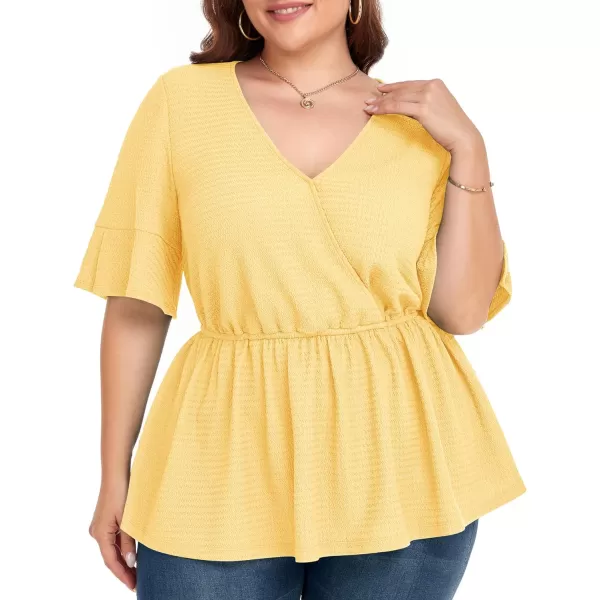 LALAGEN Plus Size Tops for Women Casual Peplum Blouse Short Sleeve V Neck Dressy Top 1X6XYellow