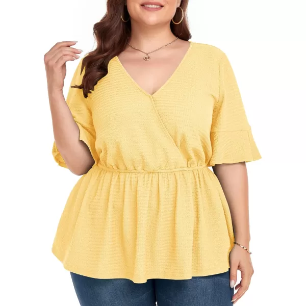 LALAGEN Plus Size Tops for Women Casual Peplum Blouse Short Sleeve V Neck Dressy Top 1X6XYellow