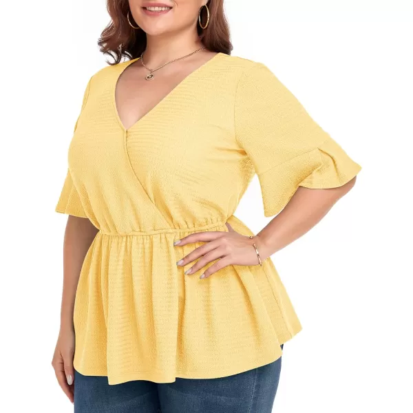 LALAGEN Plus Size Tops for Women Casual Peplum Blouse Short Sleeve V Neck Dressy Top 1X6XYellow