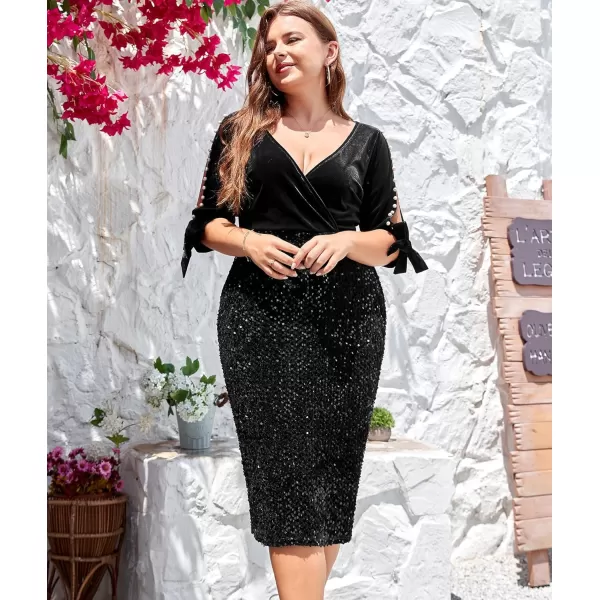 LALAGEN Women Plus Size Bodycon Pencil Midi Dress Stretchy Sequin Wrap V Neck Half Sleeve Velvet Party Dress 1X5XBlack