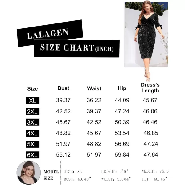 LALAGEN Women Plus Size Bodycon Pencil Midi Dress Stretchy Sequin Wrap V Neck Half Sleeve Velvet Party Dress 1X5XBlack