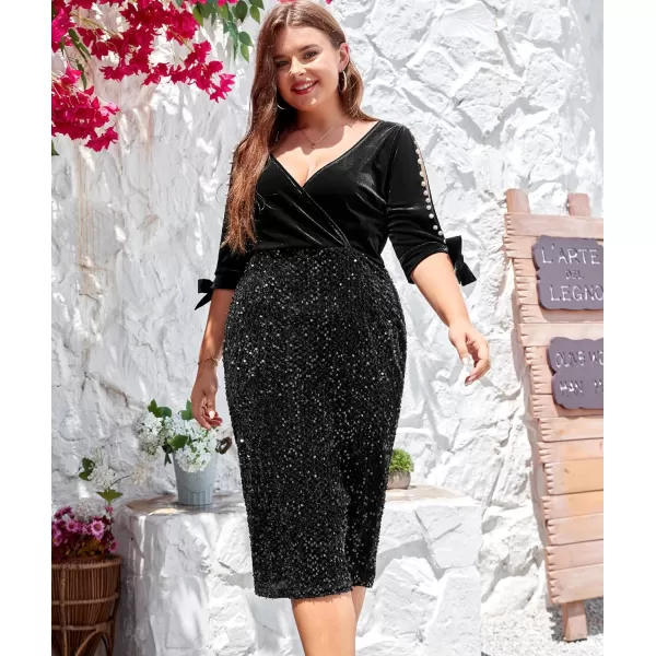 LALAGEN Women Plus Size Bodycon Pencil Midi Dress Stretchy Sequin Wrap V Neck Half Sleeve Velvet Party Dress 1X5XBlack