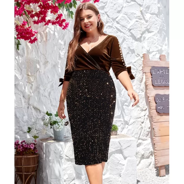 LALAGEN Women Plus Size Bodycon Pencil Midi Dress Stretchy Sequin Wrap V Neck Half Sleeve Velvet Party Dress 1X5XBrown