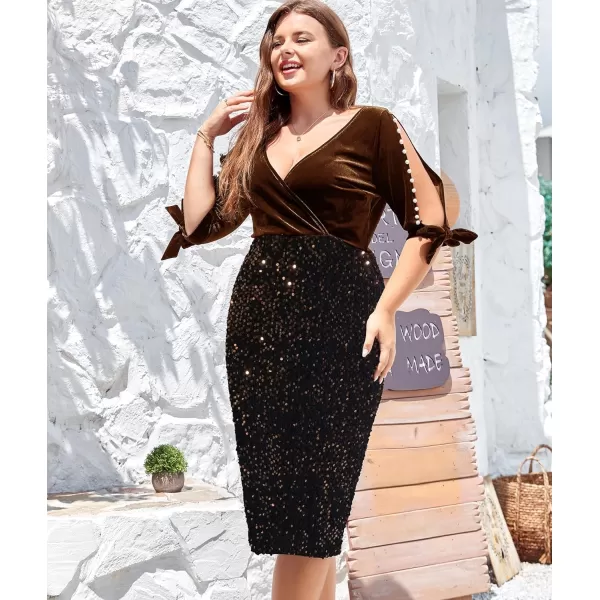 LALAGEN Women Plus Size Bodycon Pencil Midi Dress Stretchy Sequin Wrap V Neck Half Sleeve Velvet Party Dress 1X5XBrown