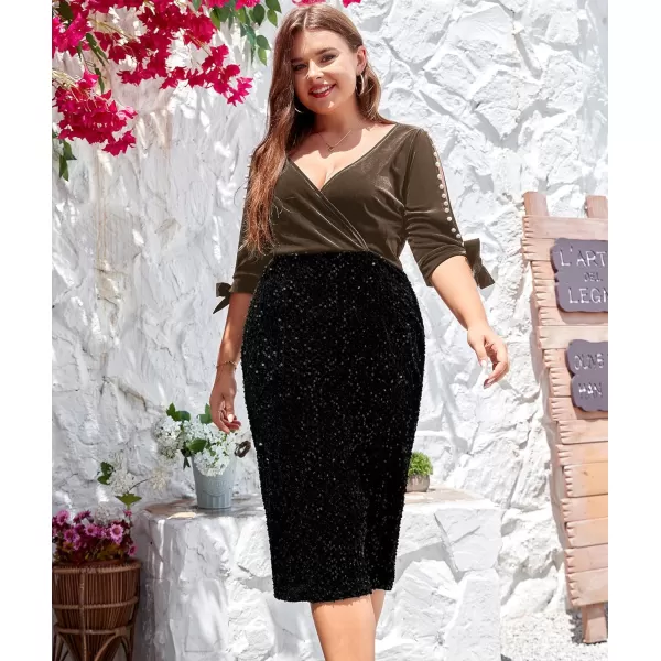 LALAGEN Women Plus Size Bodycon Pencil Midi Dress Stretchy Sequin Wrap V Neck Half Sleeve Velvet Party Dress 1X5XCoffee Black