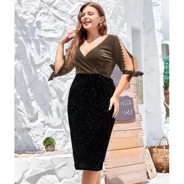 LALAGEN Women Plus Size Bodycon Pencil Midi Dress Stretchy Sequin Wrap V Neck Half Sleeve Velvet Party Dress 1X5XCoffee Black