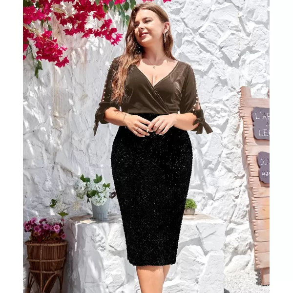 LALAGEN Women Plus Size Bodycon Pencil Midi Dress Stretchy Sequin Wrap V Neck Half Sleeve Velvet Party Dress 1X5XCoffee Black