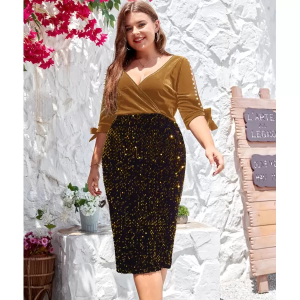 LALAGEN Women Plus Size Bodycon Pencil Midi Dress Stretchy Sequin Wrap V Neck Half Sleeve Velvet Party Dress 1X5XGolden
