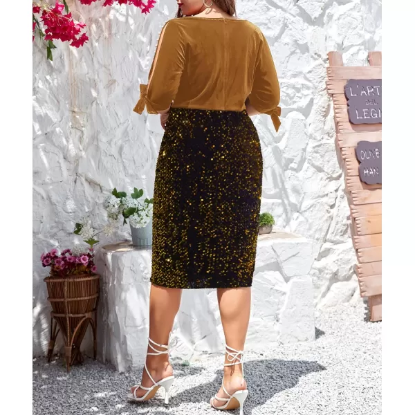 LALAGEN Women Plus Size Bodycon Pencil Midi Dress Stretchy Sequin Wrap V Neck Half Sleeve Velvet Party Dress 1X5XGolden