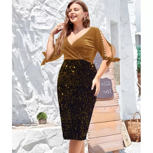 LALAGEN Women Plus Size Bodycon Pencil Midi Dress Stretchy Sequin Wrap V Neck Half Sleeve Velvet Party Dress 1X5XGolden