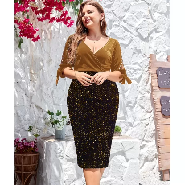 LALAGEN Women Plus Size Bodycon Pencil Midi Dress Stretchy Sequin Wrap V Neck Half Sleeve Velvet Party Dress 1X5XGolden