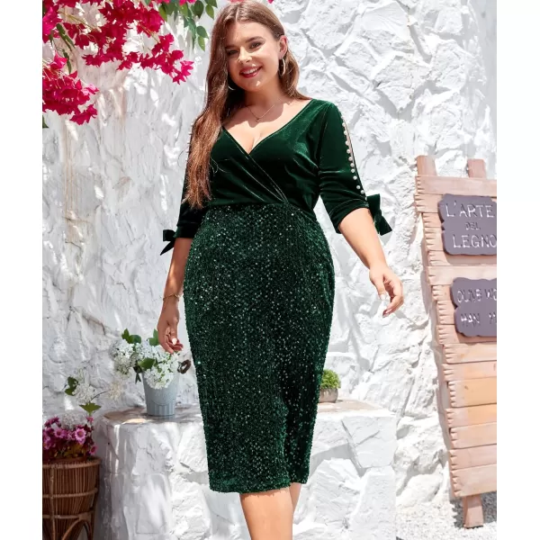 LALAGEN Women Plus Size Bodycon Pencil Midi Dress Stretchy Sequin Wrap V Neck Half Sleeve Velvet Party Dress 1X5XGreen