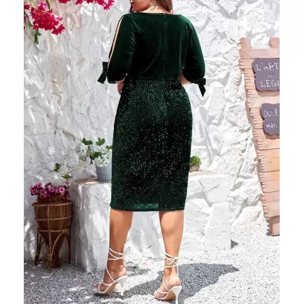 LALAGEN Women Plus Size Bodycon Pencil Midi Dress Stretchy Sequin Wrap V Neck Half Sleeve Velvet Party Dress 1X5XGreen