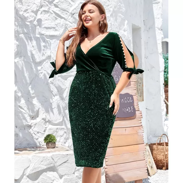 LALAGEN Women Plus Size Bodycon Pencil Midi Dress Stretchy Sequin Wrap V Neck Half Sleeve Velvet Party Dress 1X5XGreen