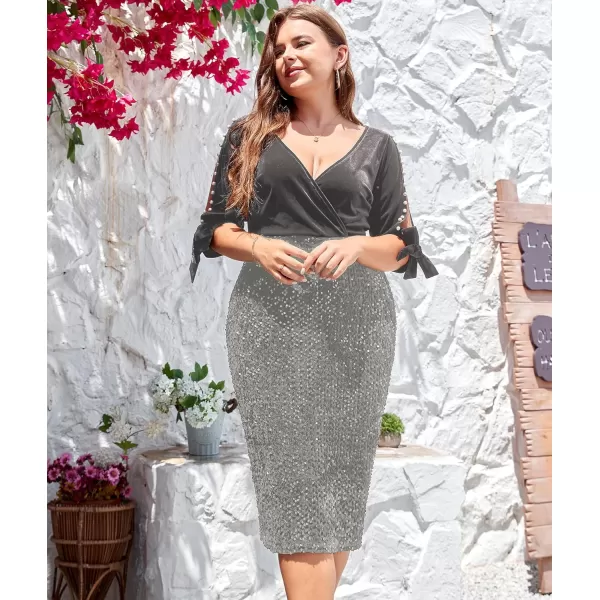 LALAGEN Women Plus Size Bodycon Pencil Midi Dress Stretchy Sequin Wrap V Neck Half Sleeve Velvet Party Dress 1X5XGrey