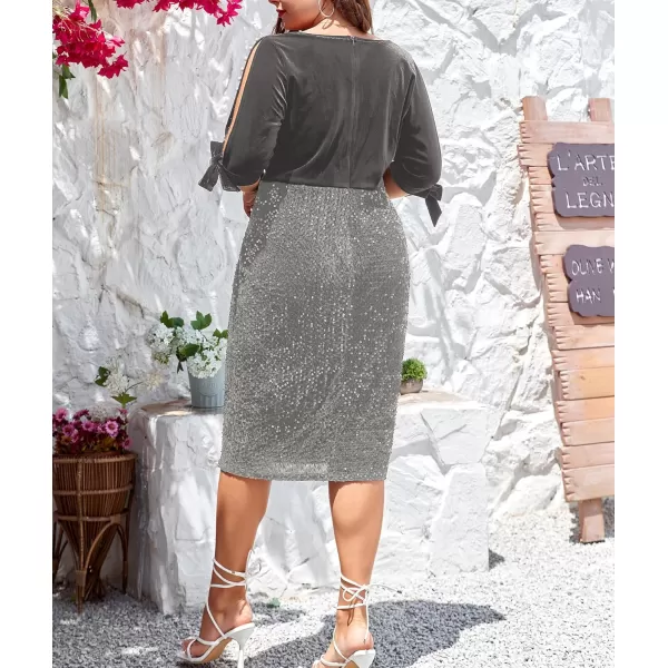 LALAGEN Women Plus Size Bodycon Pencil Midi Dress Stretchy Sequin Wrap V Neck Half Sleeve Velvet Party Dress 1X5XGrey