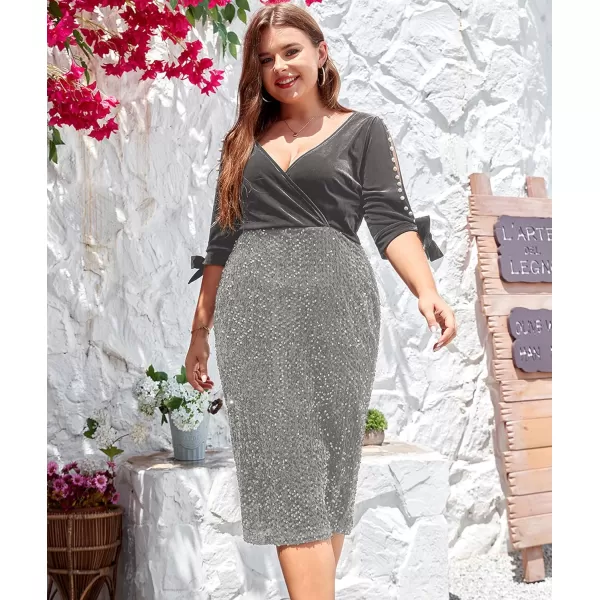 LALAGEN Women Plus Size Bodycon Pencil Midi Dress Stretchy Sequin Wrap V Neck Half Sleeve Velvet Party Dress 1X5XGrey