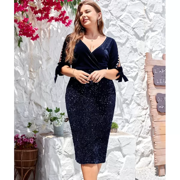 LALAGEN Women Plus Size Bodycon Pencil Midi Dress Stretchy Sequin Wrap V Neck Half Sleeve Velvet Party Dress 1X5XNavy