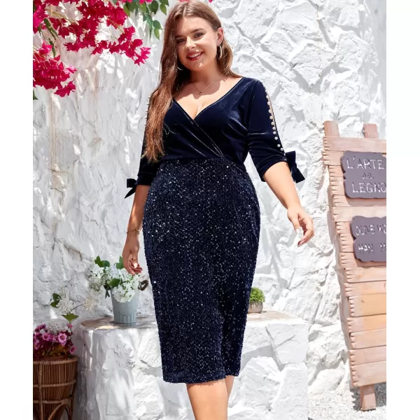 LALAGEN Women Plus Size Bodycon Pencil Midi Dress Stretchy Sequin Wrap V Neck Half Sleeve Velvet Party Dress 1X5XNavy