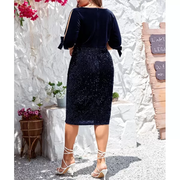 LALAGEN Women Plus Size Bodycon Pencil Midi Dress Stretchy Sequin Wrap V Neck Half Sleeve Velvet Party Dress 1X5XNavy